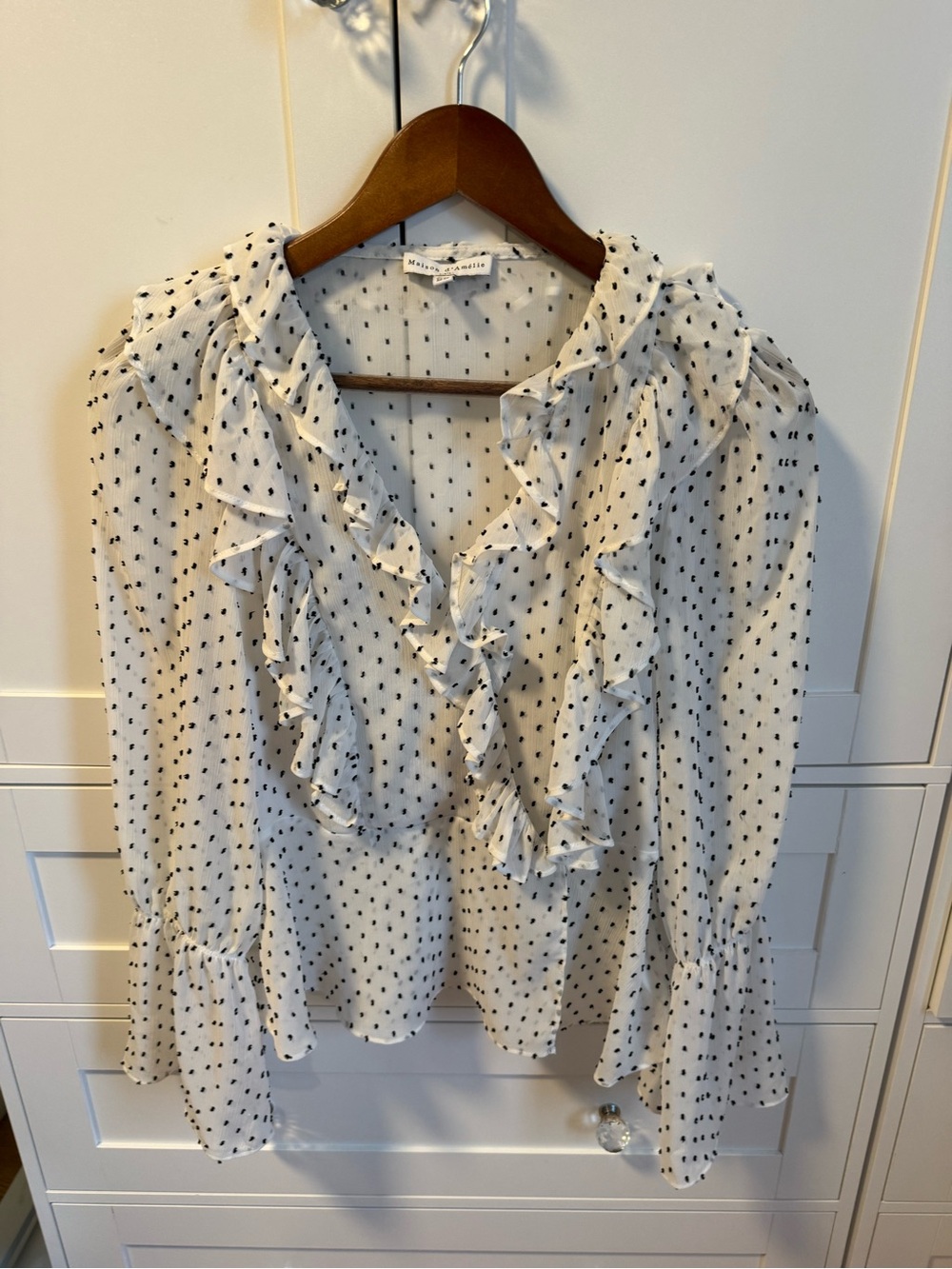 Maison Jules Cream Ruffle V-Neck Blouse with Black Polka Dots